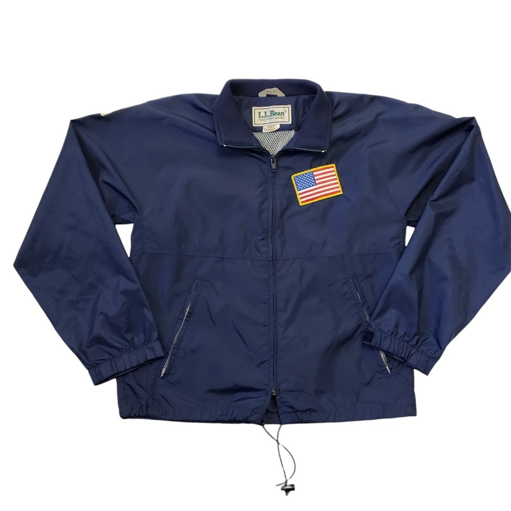 LL Bean Women's Sz S Blue Lightweight Windbreaker Zip Up Jacket Patches AHS Flag